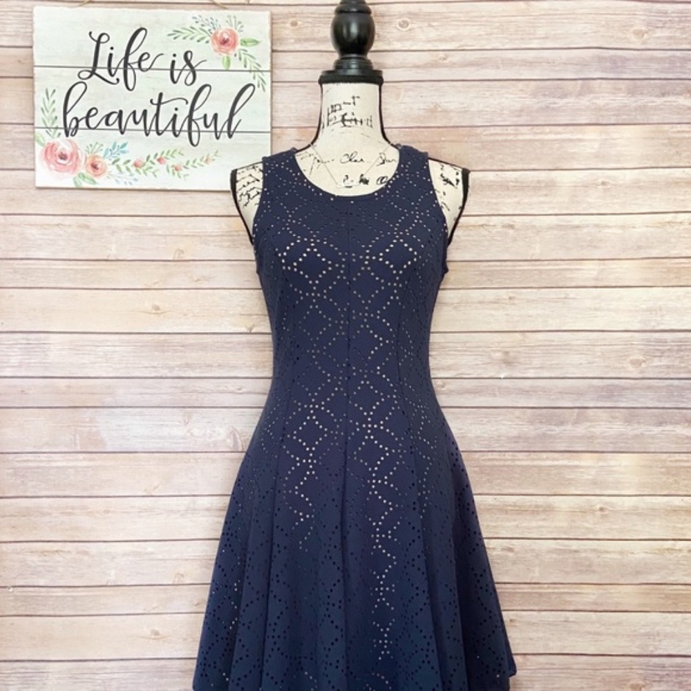 Francesca’s Bird Cage Label Navy and Tan Lined Sleeveless Dress Size Small
